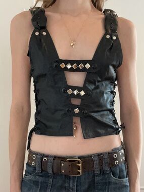 Black Studded real leather Crop Top - Women